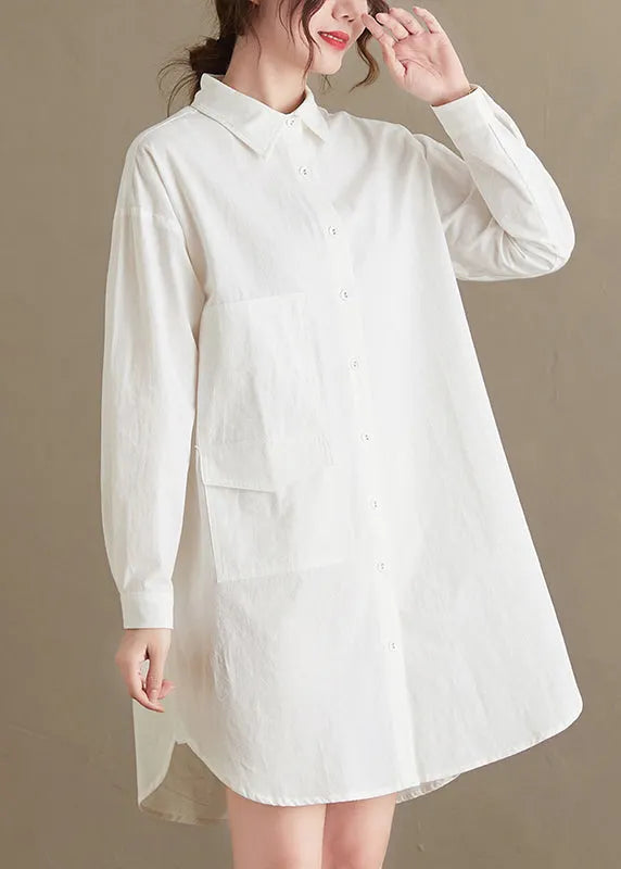 White Peter Pan Collar Pockets Cotton Shirt Top Fall