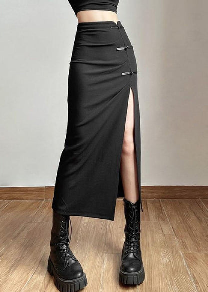 Black Side Open Button Long Skirt Summer
