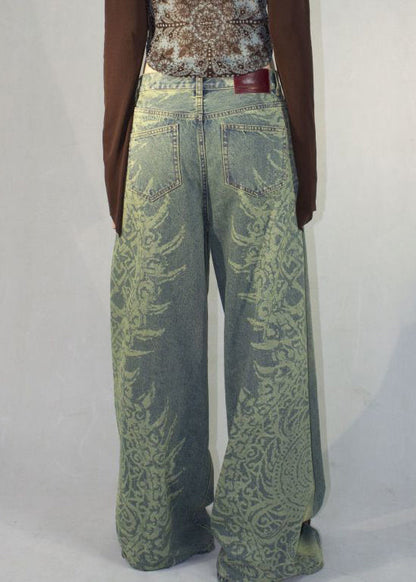 Blue Print Pockets High Waist Denim Pants Fall