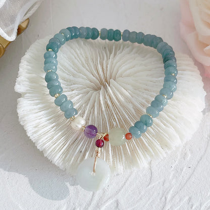 Buddha Stones Natural Hetian Jade Pearl Peace Buckle Fu Character Gourd Money Bag Strawberry Quartz Pixiu Luck Bracelet