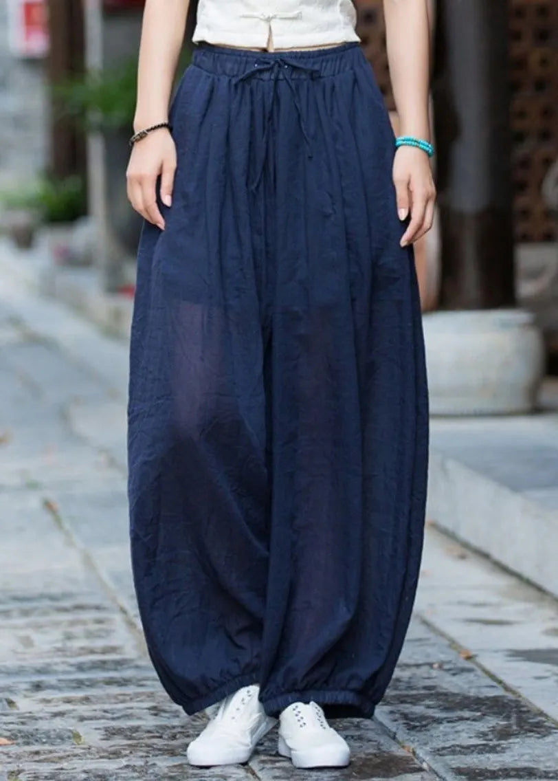 Navy Pockets Elastic Waist Cotton Lantern Pants Summer