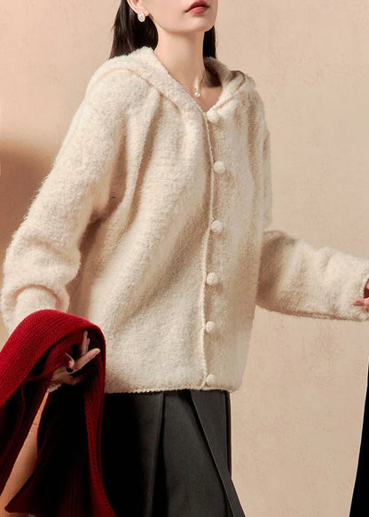 Beige Hooded Button Knit Coats Winter