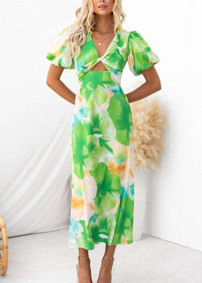 Green V Neck Puff Sleeve Print Hollow Out Cotton Long Dresses