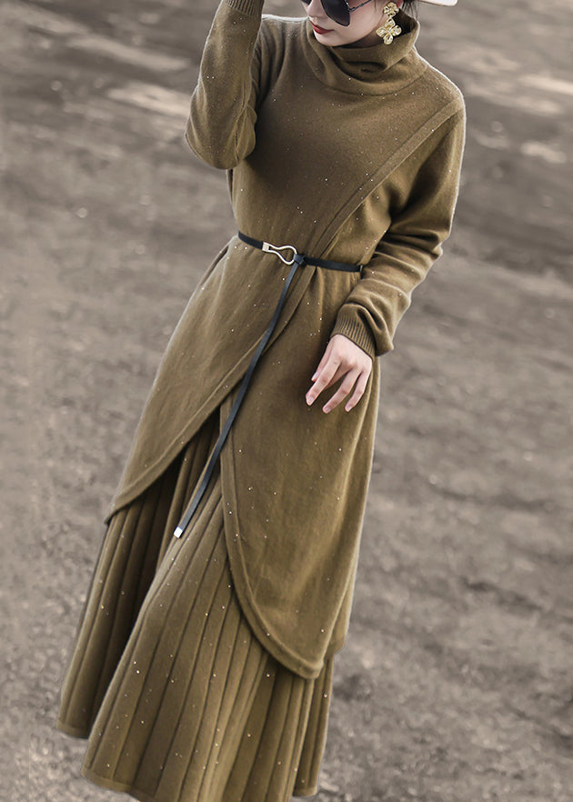 New Blue Turtleneck Tops and Skirts Wool Knit Two-piece Set Winter