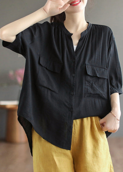 Italian Yellow V Neck Patchwork Button Cotton Shirt Short Sleeve