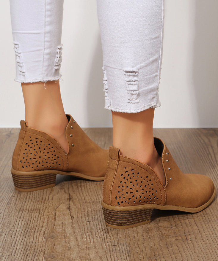Brown Hollow Out Splicing Chunky Ankle Boots Pointed Toe