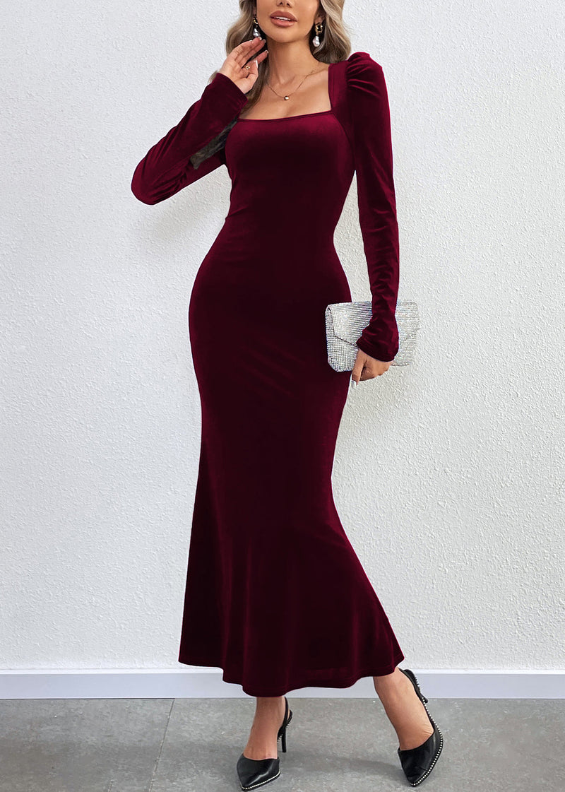 Mulberry Square Collar Backless Velvet Dresses Fall