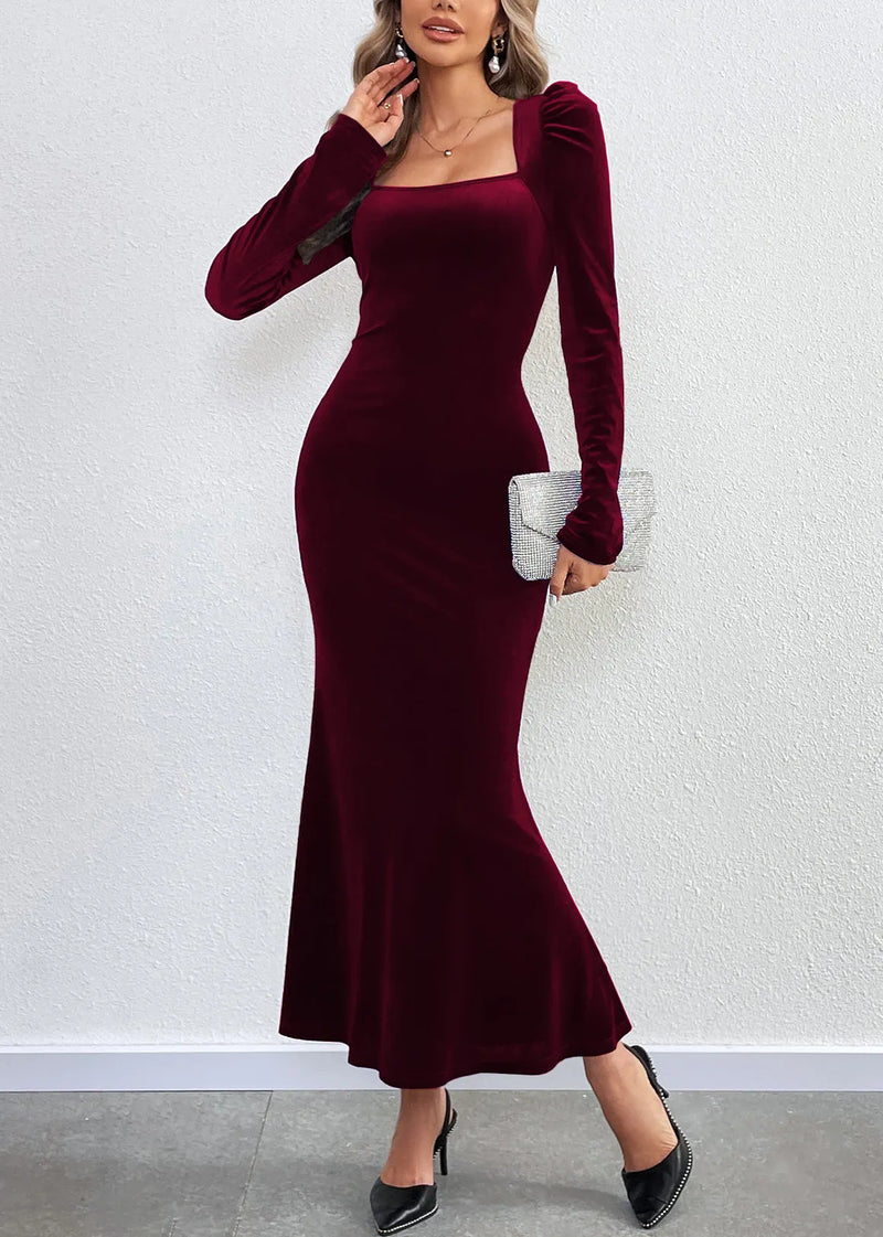Mulberry Square Collar Backless Velvet Dresses Fall