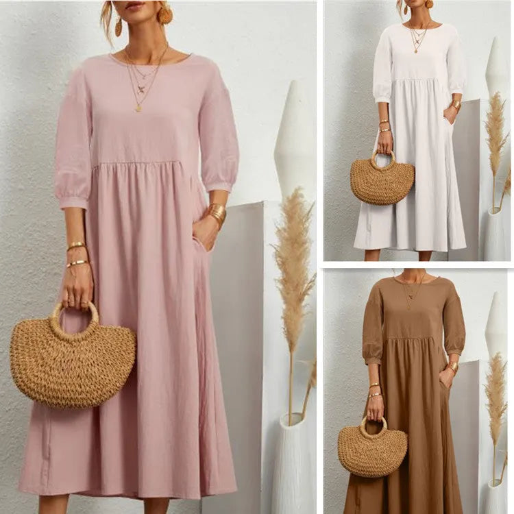 Spring Outfit Lantern Sleeve Loose Cotton and Linen Pocket Dress
