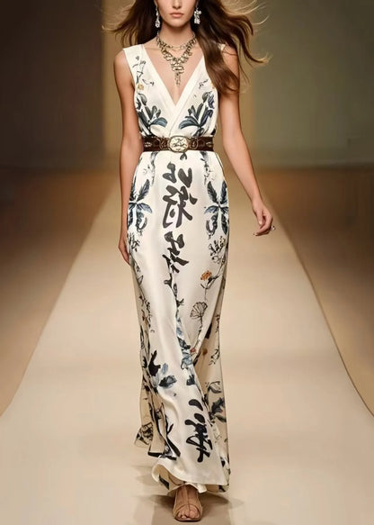 White Cinched Print Silk Dress Sleeveless