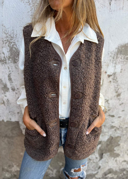 New Coffee Pockets Button Faux Fur Vest Fall