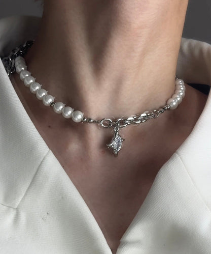 Classy White Pearl Patchwork Tungsten Steel Zircon Pendant Choker