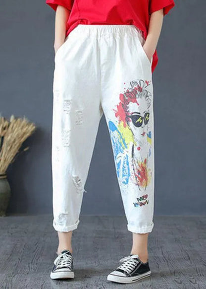 Stylish White Print High Waist Hole Harem Cotton Pants