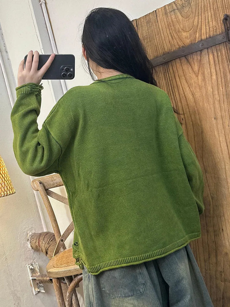 Autumn Retro O-neck Frayed Knit Sweater
