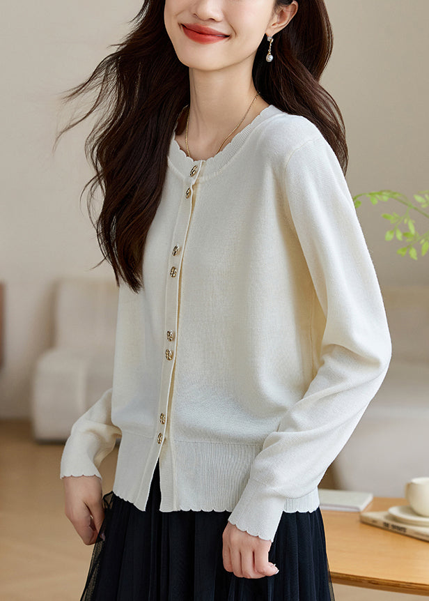 White Button Wool Knit Fall Coats O Neck