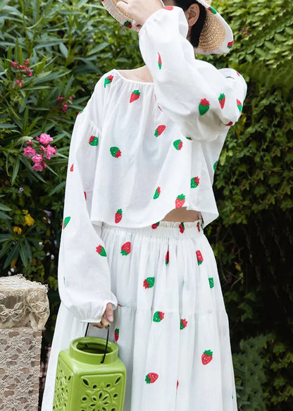 Art White Print Lace Up Shirts and Skirts Cotton Two Piece Set Fall