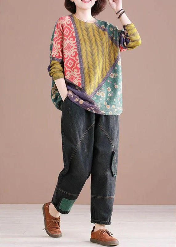 Color Block O-neck Print Cotton Sweater
