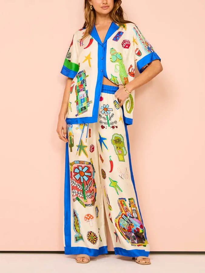 Color Block Personalized Printed Vacation Loose Shirt