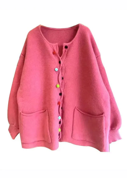Modern Apricot O-neck Pockets Button Cotton Knit Sweater Coats Fall