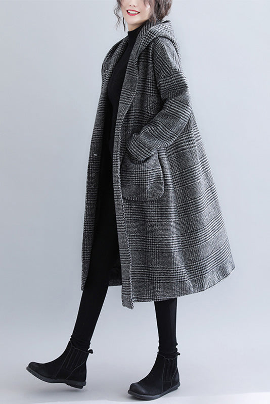 Woolen Coat Plaid Hooded Coat Mid-length Coat