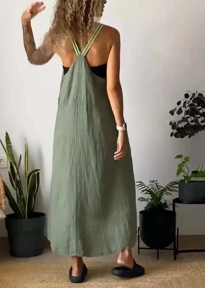 Loose Green Backless Cotton Spaghetti Strap Dress Summer
