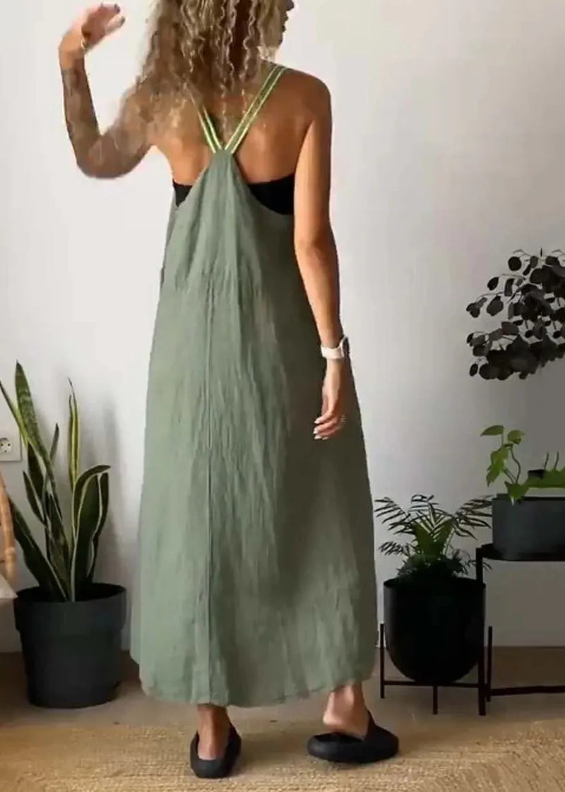 Loose Green Backless Cotton Spaghetti Strap Dress Summer
