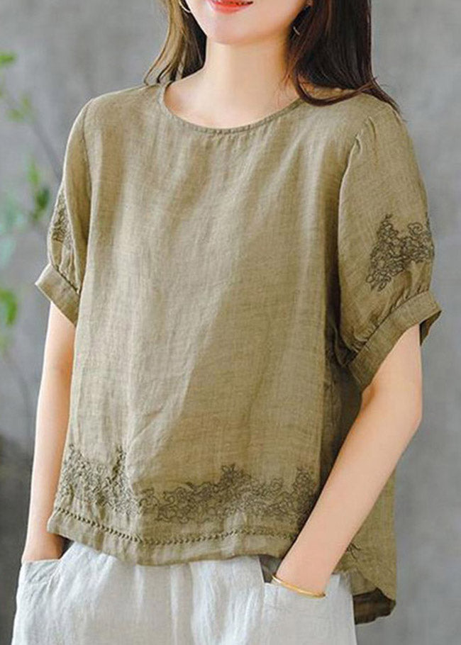 Grass Green O-neck Embroidered Ruffled Linen Tops Short Sleeve
