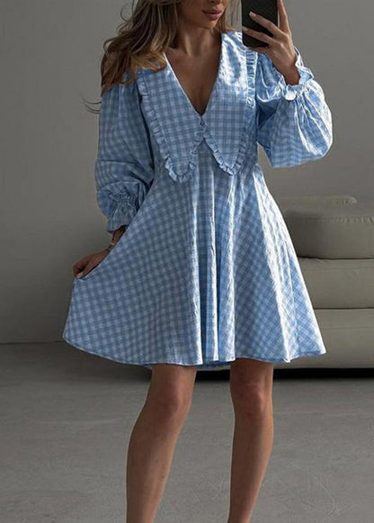 French Blue Plaid Ruffled Cotton Day Dress Flare Sleeve