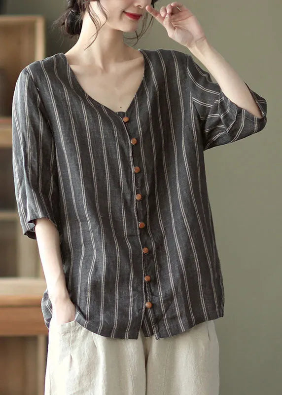 Grey V Neck Striped Button Linen Shirts Half Sleeve
