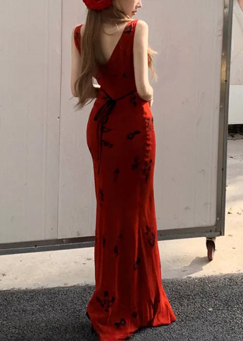 Slim Fit Red V Neck Print Lace Up Cotton Maxi Dresses Sleeveless