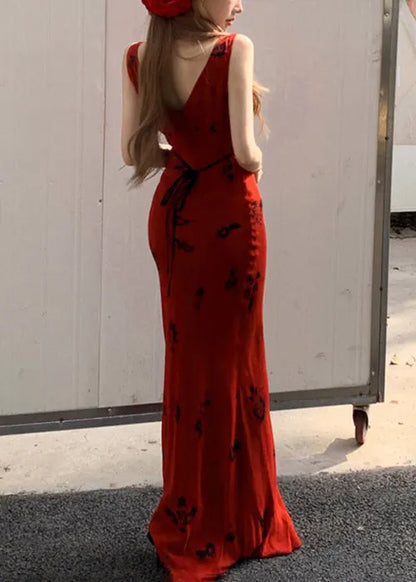 Slim Fit Red V Neck Print Lace Up Cotton Maxi Dresses Sleeveless