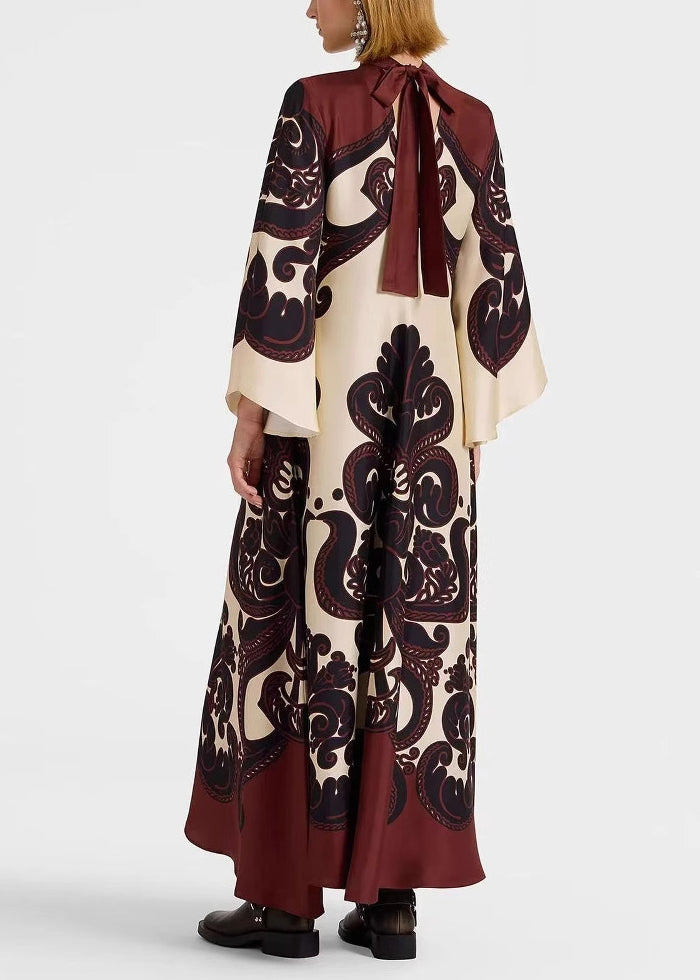 French V Neck Print Lace Up Cotton Long Dress Flare Sleeve