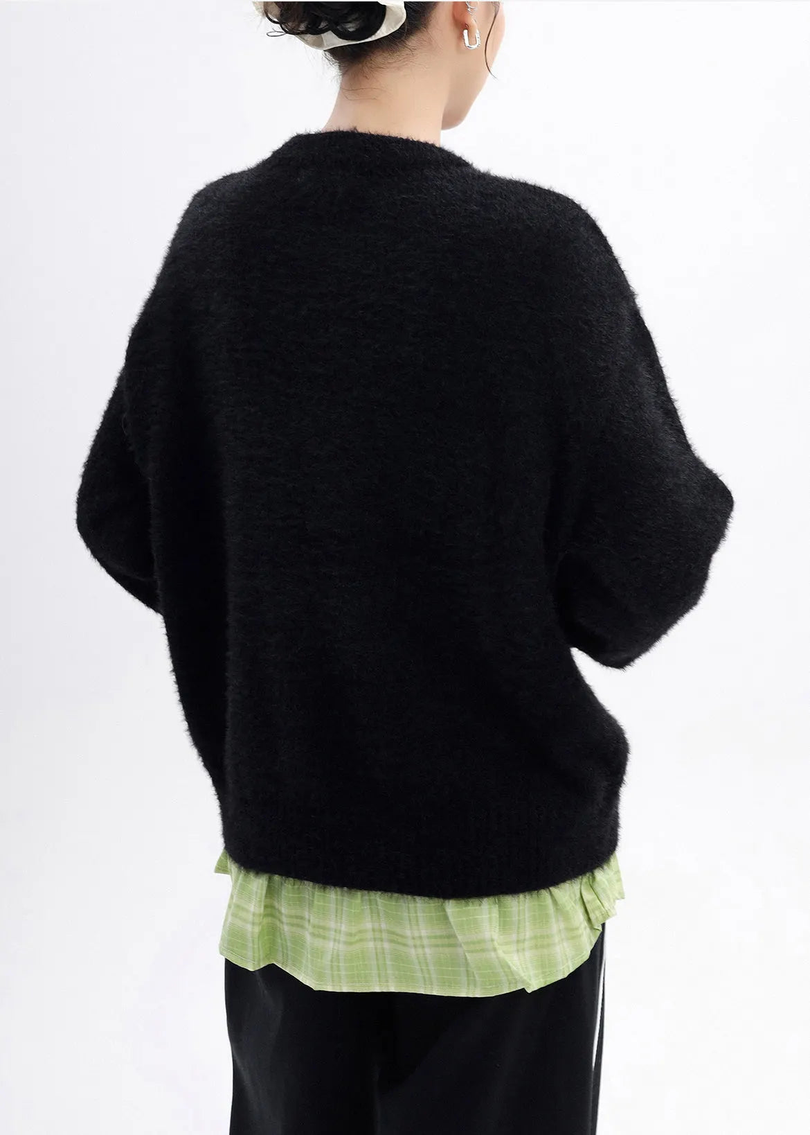 Diy Black Oversized Apple Embroidered Knit Fake Two Piece Pullover Winter