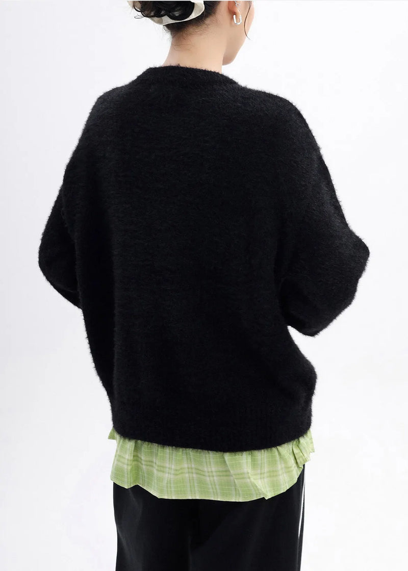 Diy Black Oversized Apple Embroidered Knit Fake Two Piece Pullover Winter