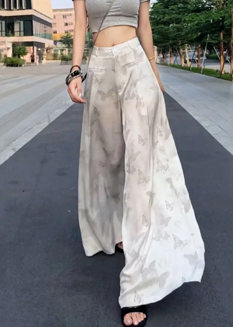 Loose White Print High Waist Ice Silk Wide Leg Pants Summer