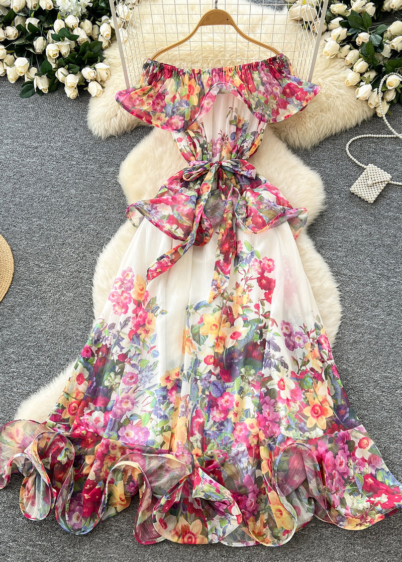 Green Slash Neck Print Chiffon Holiday Dress Summer