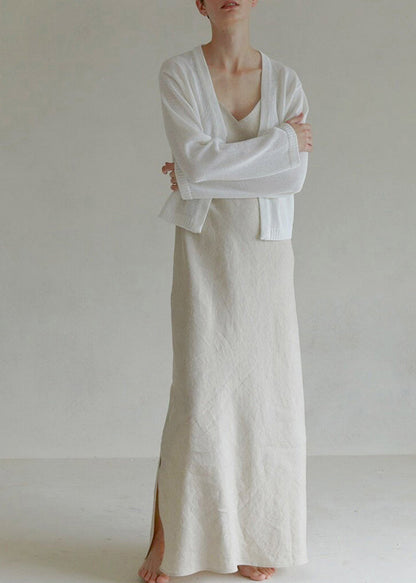 Black V Neck Side Open Linen Spaghetti Strap Dress Summer