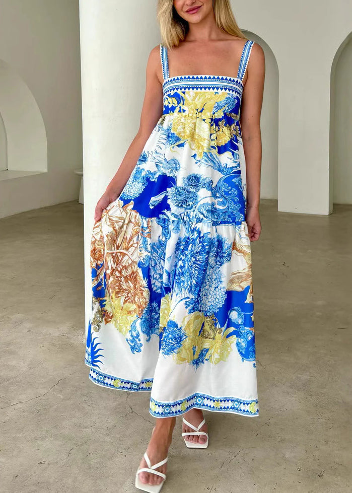 Blue Print Patchwork Cotton Spaghetti Strap Dress Summer