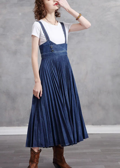 Stylish Blue Patchwork Spaghetti Strap Pleated Denim Dress Summer