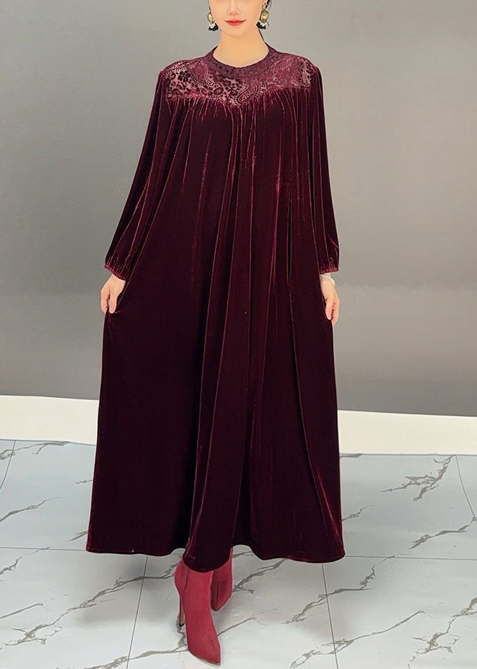 Loose Purple Red O Neck Silk Velvet Maxi Dress Fall