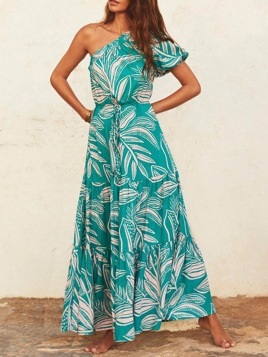 Off-shoulder Palm Leaf Print Holiday Style Dress