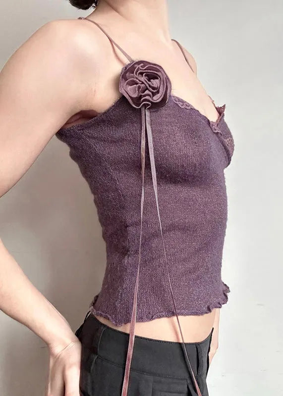 Slim Fit Purple Lace Knitting Cotton Spaghetti Strap Vest Sleeveless