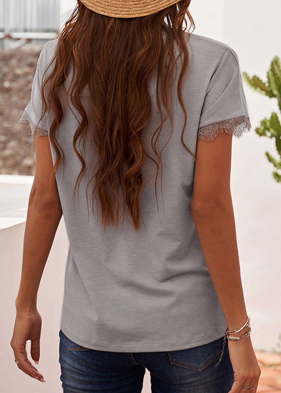 Brief White V Neck Lace Patchwork T Shirt Short Sleeve