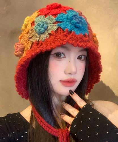 Style Red Flower Hollow Knitted Boonie Hat