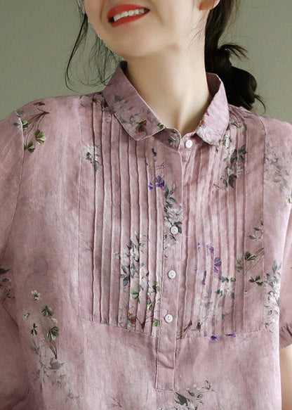 Pink Peter Pan Collar Print Button Linen Shirts Short Sleeve