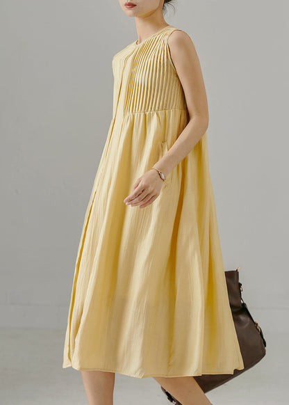 Yellow Wrinkled Backless Cotton Maxi Dresses Sleeveless