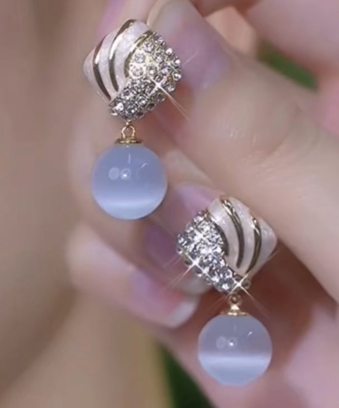 Light Blue Alloy Zircon Cat's Eye Stone Drop Glaze Drop Earrings