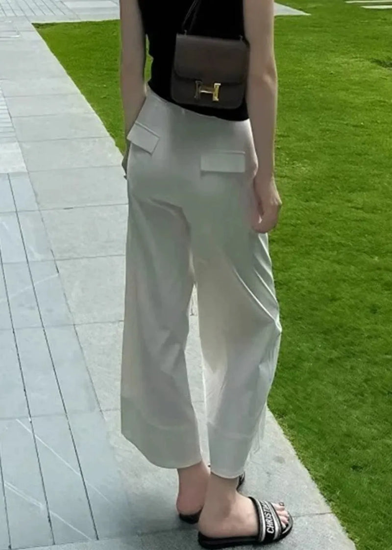 Modern White Pockets High Waist Cotton Crop Pants Summer