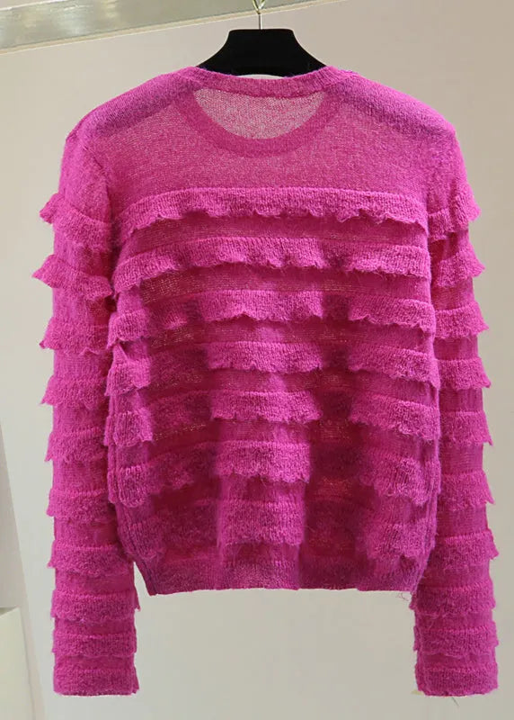 Rose Ruffled Patchwork Nail Bead Cotton Knit Sweater Winter