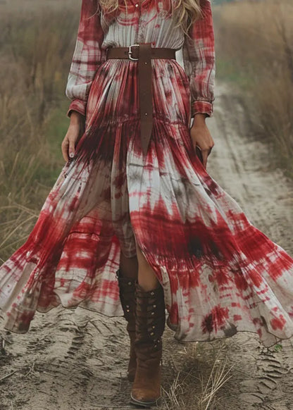 V Neck Tie Dye Cotton Pastoral Style Long Dress